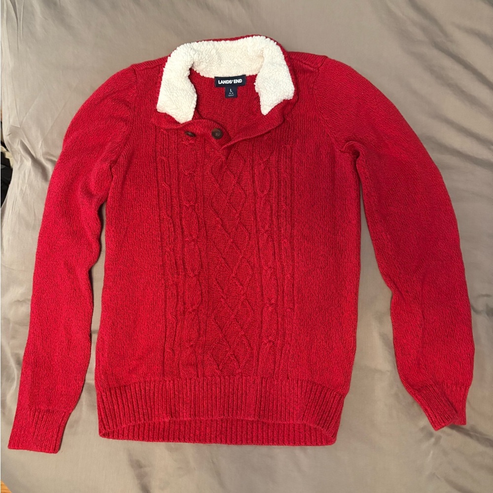 Lands' End Vibrant Red Kids' Sweater with Buttoned Collar
